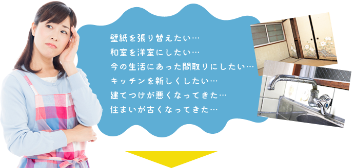 壁紙を張り替えたい… 和室を洋室にしたい… 今の生活にあった間取りにしたい… キッチンを新しくしたい… 建てつけが悪くなってきた… 住まいが古くなってきた…